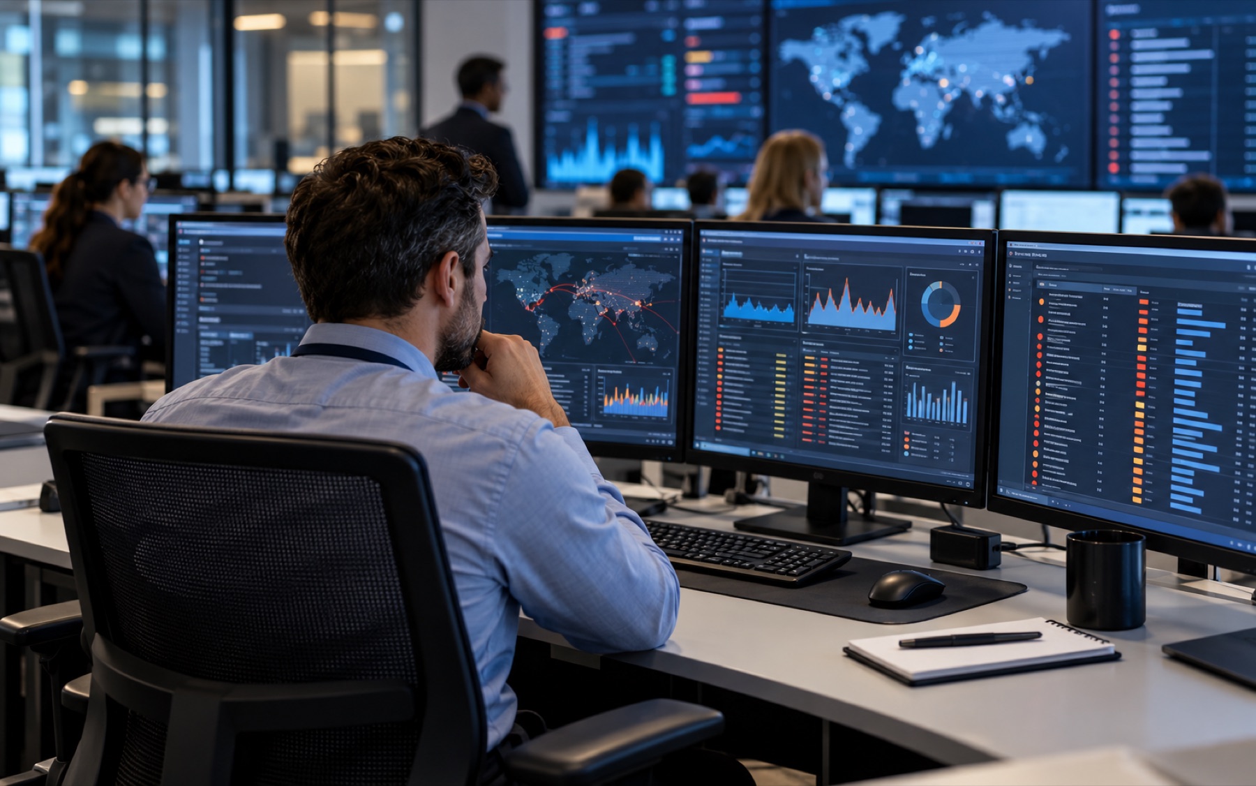 Representación de un centro de monitoreo y revisión de controles de ciberseguridad