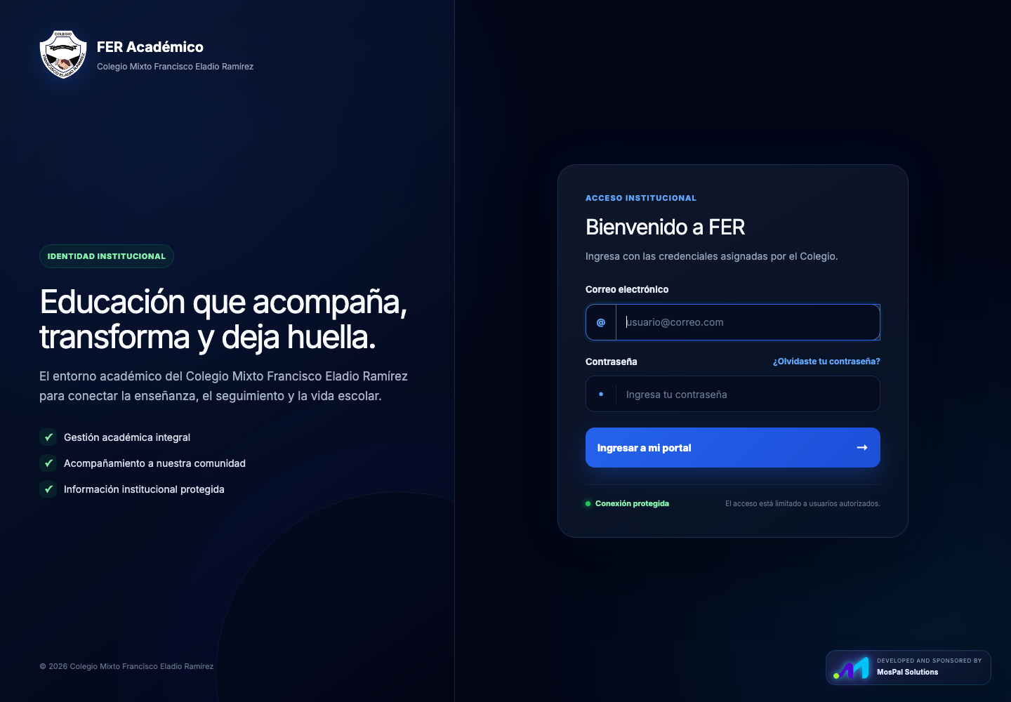 Pantalla de acceso de la plataforma FER Académico